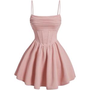 imageSHENHE Womens Ruched Corset Dress Spaghetti Strap Fit and Flare Flowy Skater Mini Cami DressPink