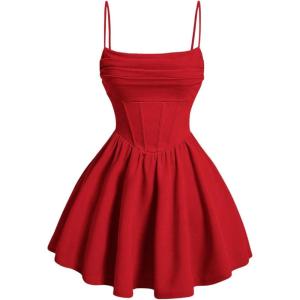 imageSHENHE Womens Ruched Corset Dress Spaghetti Strap Fit and Flare Flowy Skater Mini Cami DressRed