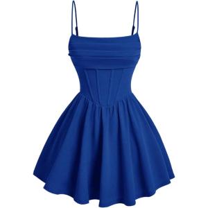 imageSHENHE Womens Ruched Corset Dress Spaghetti Strap Fit and Flare Flowy Skater Mini Cami DressRoyal Blue
