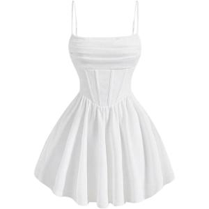 imageSHENHE Womens Ruched Corset Dress Spaghetti Strap Fit and Flare Flowy Skater Mini Cami DressWhite