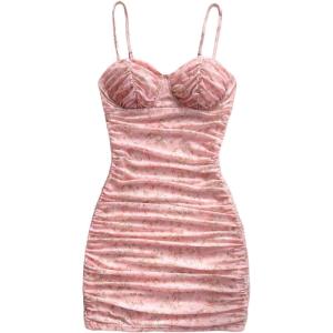 imageSHENHE Womens Sexy Bustier Dress Ruched Bodycon Spaghetti Strap Party Night Mini DressFloral Light Pink