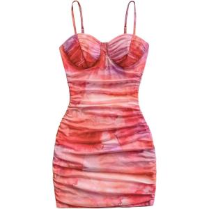 imageSHENHE Womens Sexy Bustier Dress Ruched Bodycon Spaghetti Strap Party Night Mini DressTie Dye Pink