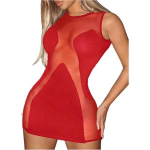 imageSHENHE Womens Sexy Contrast Sheer Mesh Sleeveless Bodycon Mini Dress Party Club DressRed