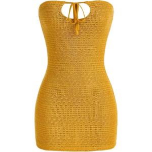 imageSHENHE Womens Strapless Tie Front Cut Out Backless Tube Dress Bodycon Mini DressMustard Yellow