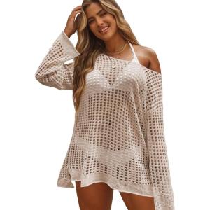 imageSHENHE Womens Swimsuit Coverup Crochet Hollow Out Bathing Suit Cover Ups Long Sleeve Split Hem Beach SwimwearApricot