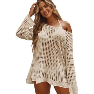 imageSHENHE Womens Swimsuit Coverup Crochet Hollow Out Bathing Suit Cover Ups Long Sleeve Split Hem Beach SwimwearBright Apricot