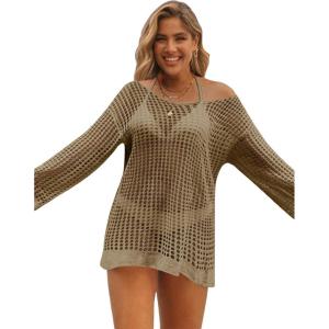 imageSHENHE Womens Swimsuit Coverup Crochet Hollow Out Bathing Suit Cover Ups Long Sleeve Split Hem Beach SwimwearCamel