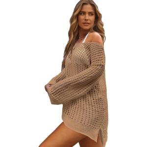 imageSHENHE Womens Swimsuit Coverup Crochet Hollow Out Bathing Suit Cover Ups Long Sleeve Split Hem Beach SwimwearSolid Khaki