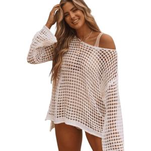 imageSHENHE Womens Swimsuit Coverup Crochet Hollow Out Bathing Suit Cover Ups Long Sleeve Split Hem Beach SwimwearWhite