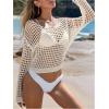 imageSHENHE Womens Crochet Hollow Out Drop Shoulder Cover Up Sheer Long Sleeve Beach TopBeige