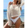 imageSHENHE Womens Crochet Hollow Out Drop Shoulder Cover Up Sheer Long Sleeve Beach TopBeige