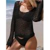 imageSHENHE Womens Crochet Hollow Out Drop Shoulder Cover Up Sheer Long Sleeve Beach TopBlack