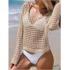 imageSHENHE Womens Crochet Hollow Out Drop Shoulder Cover Up Sheer Long Sleeve Beach TopKhaki