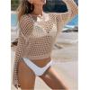 imageSHENHE Womens Crochet Hollow Out Drop Shoulder Cover Up Sheer Long Sleeve Beach TopKhaki