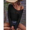 imageSHENHE Womens Crochet Hollow Out Drop Shoulder Scoop Neck Long Sleeve Sweater TopBlack