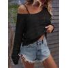 imageSHENHE Womens Crochet Hollow Out Drop Shoulder Scoop Neck Long Sleeve Sweater TopBlack