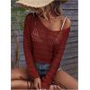 imageSHENHE Womens Crochet Hollow Out Drop Shoulder Scoop Neck Long Sleeve Sweater TopBurgundy