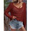 imageSHENHE Womens Crochet Hollow Out Drop Shoulder Scoop Neck Long Sleeve Sweater TopBurgundy