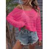 imageSHENHE Womens Crochet Hollow Out Drop Shoulder Scoop Neck Long Sleeve Sweater TopHot Pink