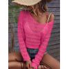 imageSHENHE Womens Crochet Hollow Out Drop Shoulder Scoop Neck Long Sleeve Sweater TopHot Pink