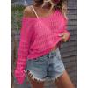 imageSHENHE Womens Crochet Hollow Out Drop Shoulder Scoop Neck Long Sleeve Sweater TopHot Pink