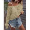 imageSHENHE Womens Crochet Hollow Out Drop Shoulder Scoop Neck Long Sleeve Sweater TopKhaki