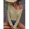 imageSHENHE Womens Crochet Hollow Out Drop Shoulder Scoop Neck Long Sleeve Sweater TopKhaki