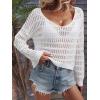 imageSHENHE Womens Crochet Hollow Out Drop Shoulder Scoop Neck Long Sleeve Sweater TopWhite