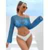 imageSHENHE Womens Hollow Out Crochet Beach Cover Up Sheer Long Sleeve Crop Beach TopBlue