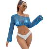 imageSHENHE Womens Hollow Out Crochet Beach Cover Up Sheer Long Sleeve Crop Beach TopBlue