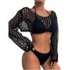 imageSHENHE Womens Hollow Out Crochet Beach Cover Up Sheer Long Sleeve Crop Beach TopCropped Black