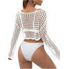imageSHENHE Womens Hollow Out Crochet Beach Cover Up Sheer Long Sleeve Crop Beach TopCropped White
