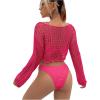 imageSHENHE Womens Hollow Out Crochet Beach Cover Up Sheer Long Sleeve Crop Beach TopHot Pink