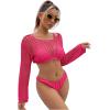 imageSHENHE Womens Hollow Out Crochet Beach Cover Up Sheer Long Sleeve Crop Beach TopHot Pink