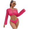 imageSHENHE Womens Hollow Out Crochet Beach Cover Up Sheer Long Sleeve Crop Beach TopHot Pink