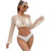imageSHENHE Womens Hollow Out Crochet Beach Cover Up Sheer Long Sleeve Crop Beach TopKhaki