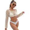 imageSHENHE Womens Hollow Out Crochet Beach Cover Up Sheer Long Sleeve Crop Beach TopKhaki