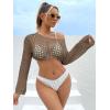 imageSHENHE Womens Hollow Out Crochet Beach Cover Up Sheer Long Sleeve Crop Beach TopOlive Green