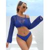 imageSHENHE Womens Hollow Out Crochet Beach Cover Up Sheer Long Sleeve Crop Beach TopRoyal Blue