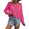 imageSHENHE Womens Crochet Hollow Out Drop Shoulder Scoop Neck Long Sleeve Sweater TopHot Pink