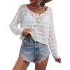imageSHENHE Womens Crochet Hollow Out Drop Shoulder Scoop Neck Long Sleeve Sweater TopWhite