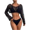 imageSHENHE Womens Hollow Out Crochet Beach Cover Up Sheer Long Sleeve Crop Beach TopCropped Black