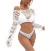imageSHENHE Womens Hollow Out Crochet Beach Cover Up Sheer Long Sleeve Crop Beach TopCropped White