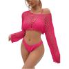 imageSHENHE Womens Hollow Out Crochet Beach Cover Up Sheer Long Sleeve Crop Beach TopHot Pink