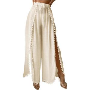 imageSHENHE Womens Bathing Suit Cover Up Pants Split Wide Leg Sheer Flowy Beach Palazzo PantsApricot