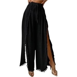 imageSHENHE Womens Bathing Suit Cover Up Pants Split Wide Leg Sheer Flowy Beach Palazzo PantsBlack