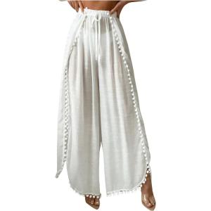 imageSHENHE Womens Bathing Suit Cover Up Pants Split Wide Leg Sheer Flowy Beach Palazzo PantsWhite