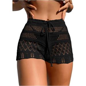 imageSHENHE Womens Crochet Cover Up Shorts Hollow Out Tie Front Sheer Beach Shorts CoverupsBlack