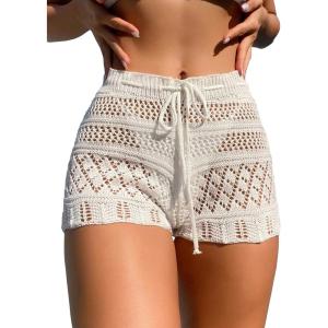 imageSHENHE Womens Crochet Cover Up Shorts Hollow Out Tie Front Sheer Beach Shorts CoverupsDrawstring White