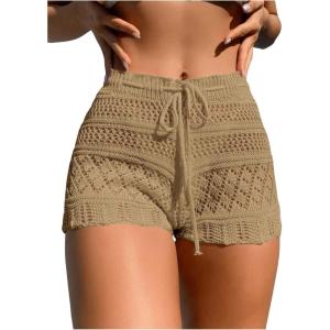 imageSHENHE Womens Crochet Cover Up Shorts Hollow Out Tie Front Sheer Beach Shorts CoverupsKhaki